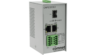 A ComNet industrial media converter integrating Ethernet, fiber, and serial data connections