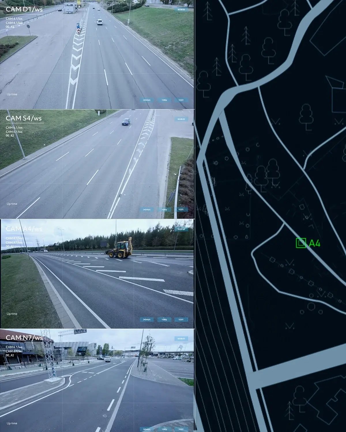 A multi-panel image showing four different live video feeds from a traffic surveillance system