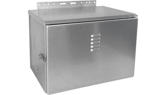 A silver, rectangular industrial metal enclosure with a latching door and mounting bracket