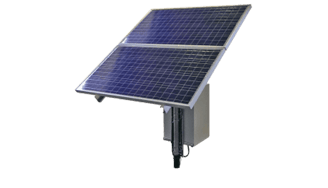Two solar panels mounted on a stand with an electronics enclosure for a remote power system
