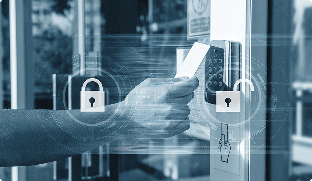 A hand swiping an access control card over a reader, with a digital overlay symbolizing secure entry